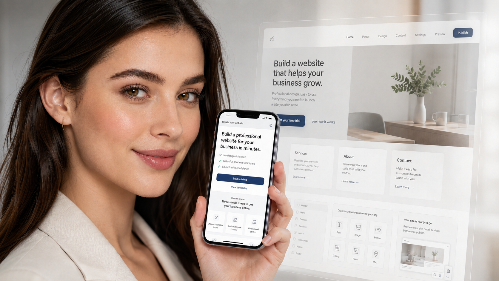 A small-business owner viewing a website-building interface on a phone