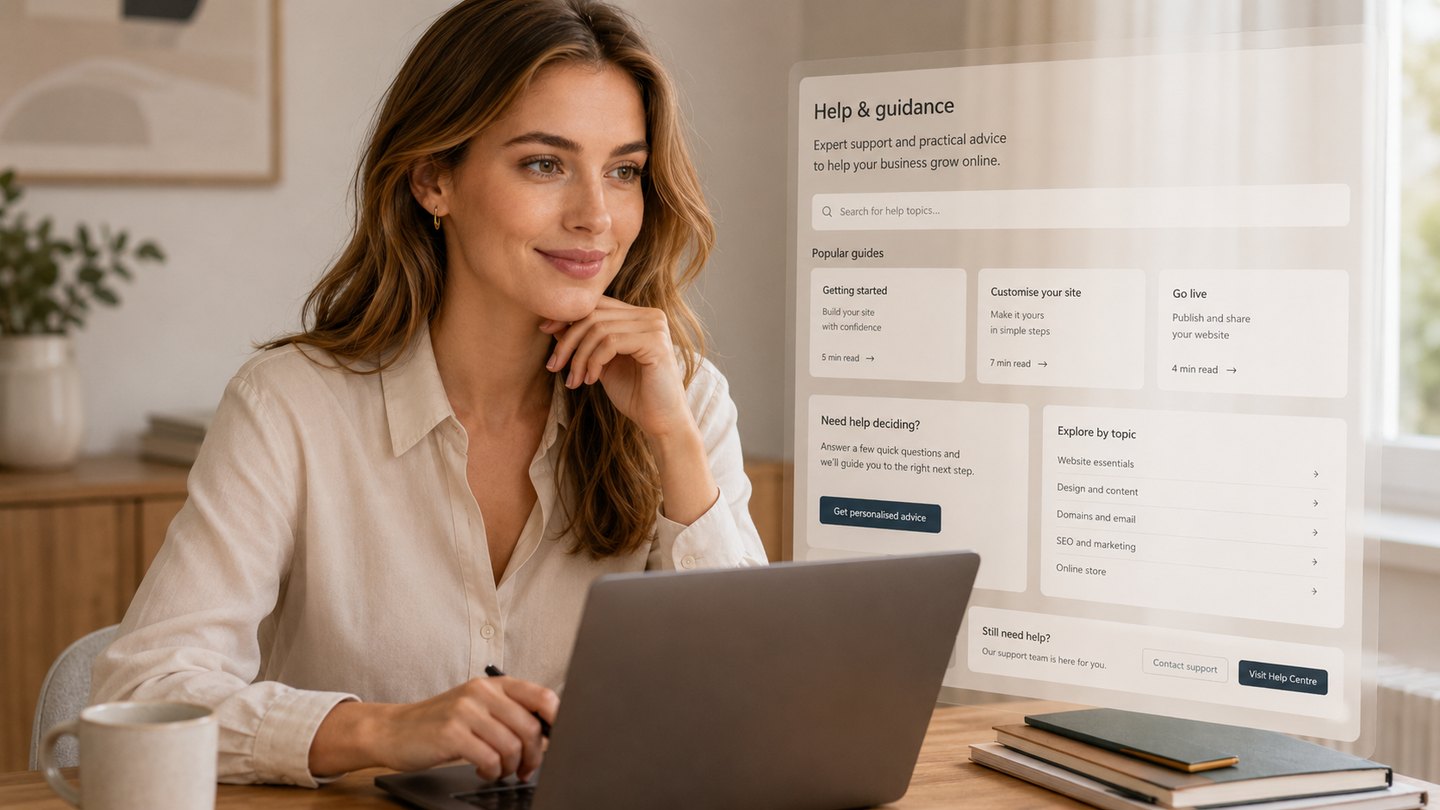A business owner using a clear help and guidance library for website decisions